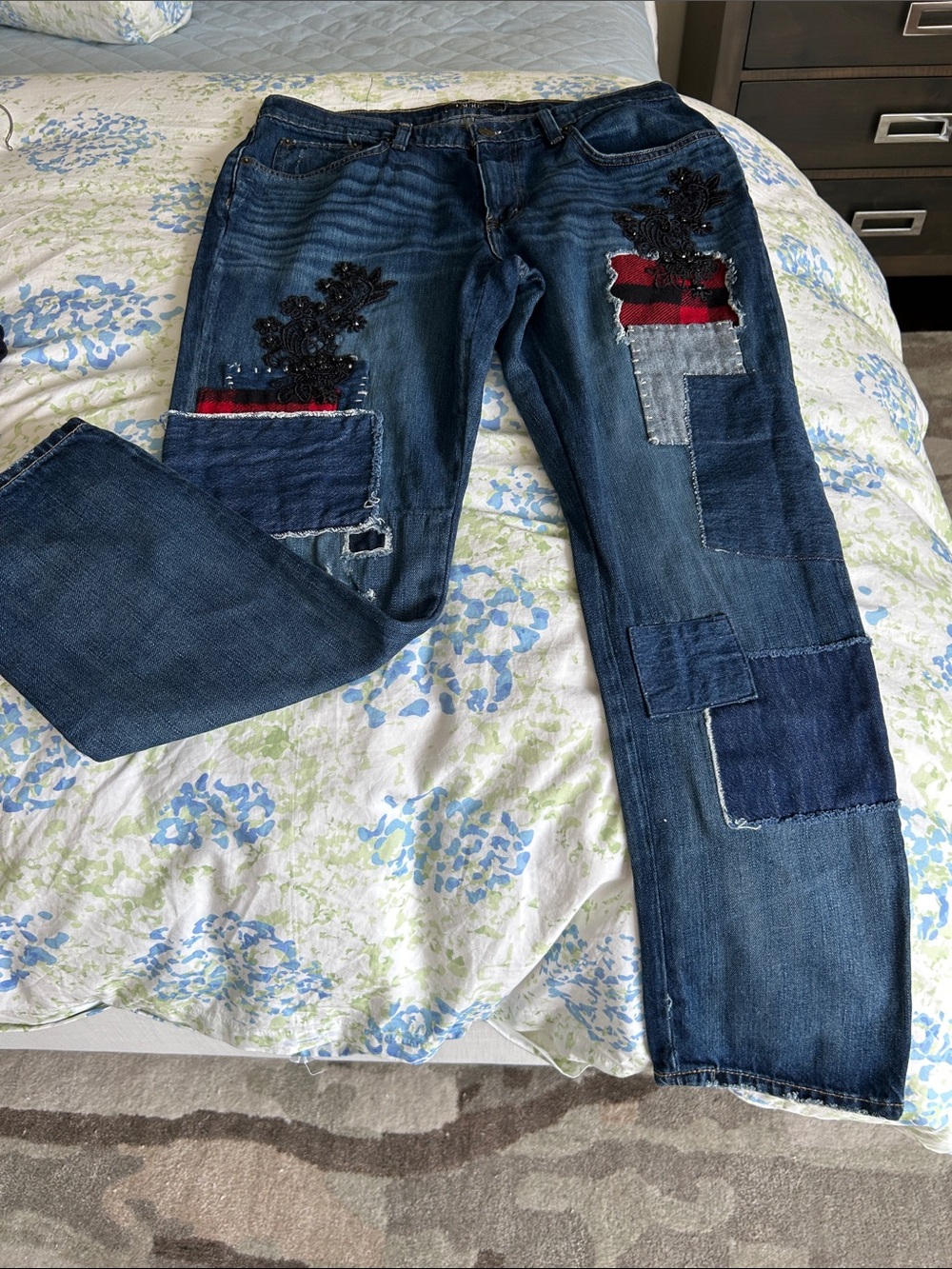 Ralph Lauren Dark Blue Patchwork Jeans with Red & Gray Accents